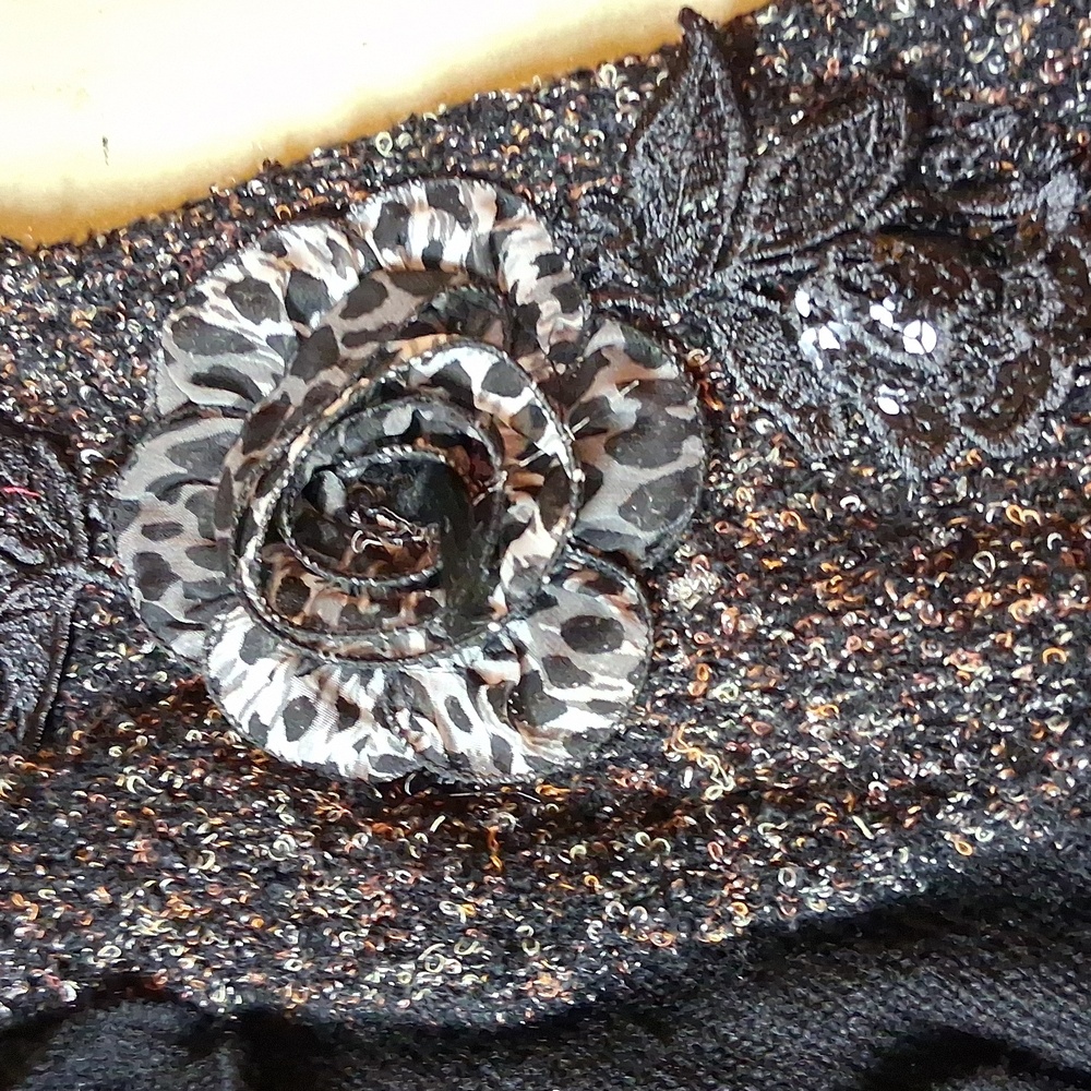 Forla Paris Cardigan Fur  Whimsical Leopard Print Seqin Floral M - Picture 5 of 14